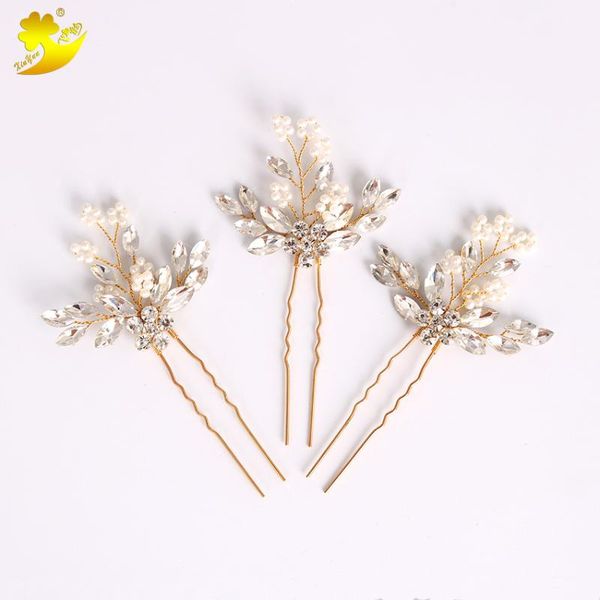 

xinyun new handmade shiny crystal u-shaped hairpin beads bride wedding hair accessories rhinestone princess dinner hair sticks, Golden;white