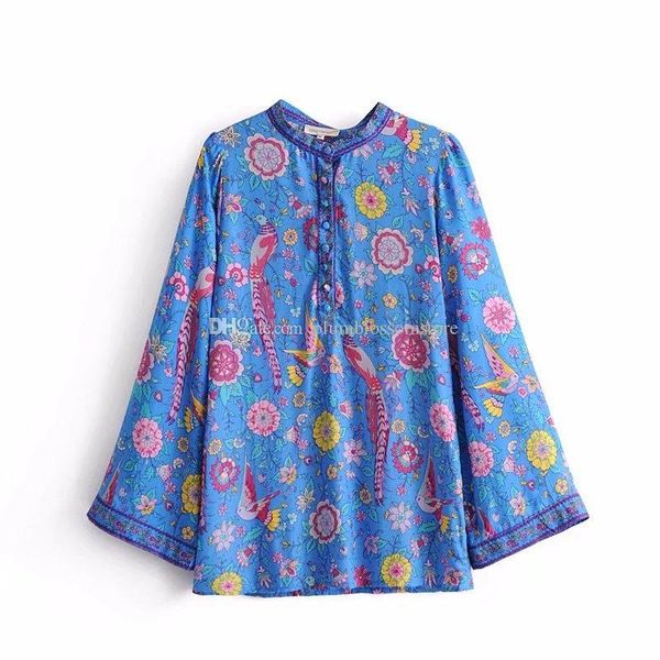 

women foral boho blouses new autumn chic birds print blouses vinatge v-neck flare long sleeve bohemian beach blouses shirt summer