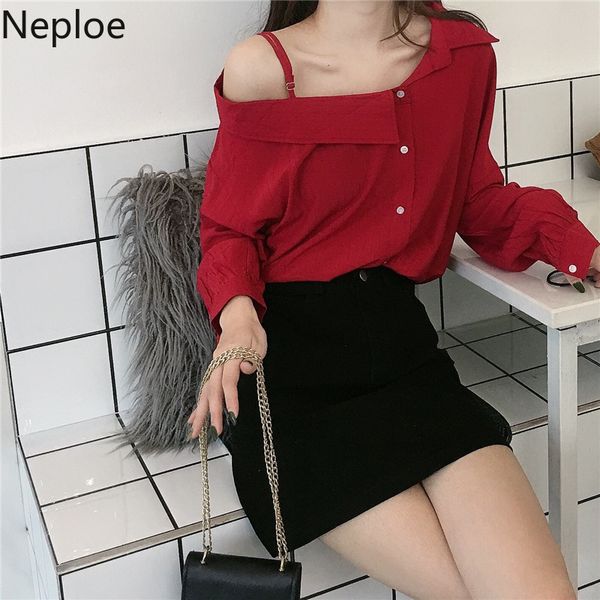 

neploe skew collar strapless sling women shirt 2020 spring long sleeve buttons blouse korean elegant solid blusas 59190, White