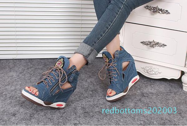 

2019 new style fashion women's denim heighten shoes girls lace up sandals r03, Black