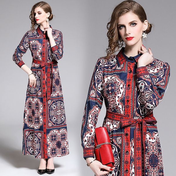 

baroque print long sleeve retro shirt dress plus size women spring autumn luxury fashion party ladies elegant classic casual dresses, Black;gray