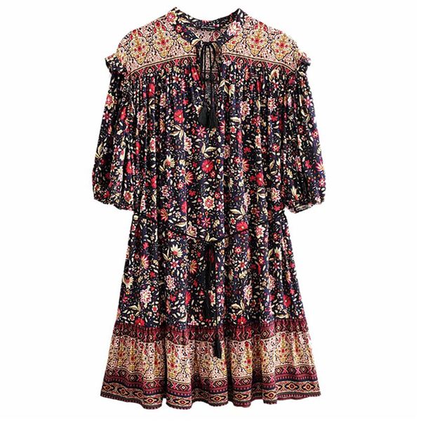 

boho inspired women floral print short sleeve boho dress ladies v-neck tassel tied summer dress new casual holiday beach, Black;gray
