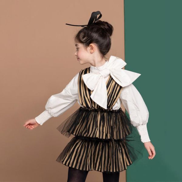 

girls white bow stripe skirts 2019 spring autumn new mesh skirts princess suits children clothes kids blouses 3-10y ws1062 t200526