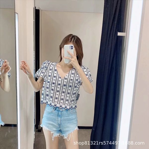 

nsfx women's wear ld9560 embroidered embroidery embroidery v-neck fresh and sweet girl temperament commuting match, White