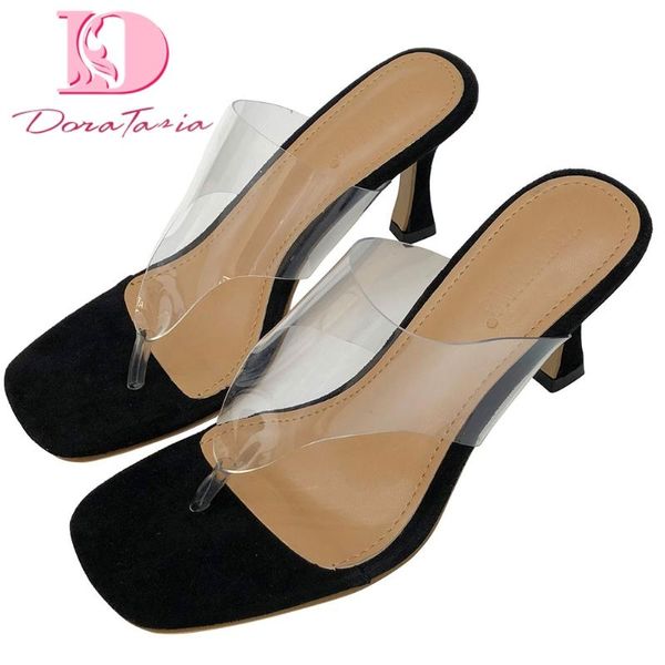 

doratasia 2020 design fashion transparent pvc high heels flip flops summer women sandal slippers woman shoes, Black