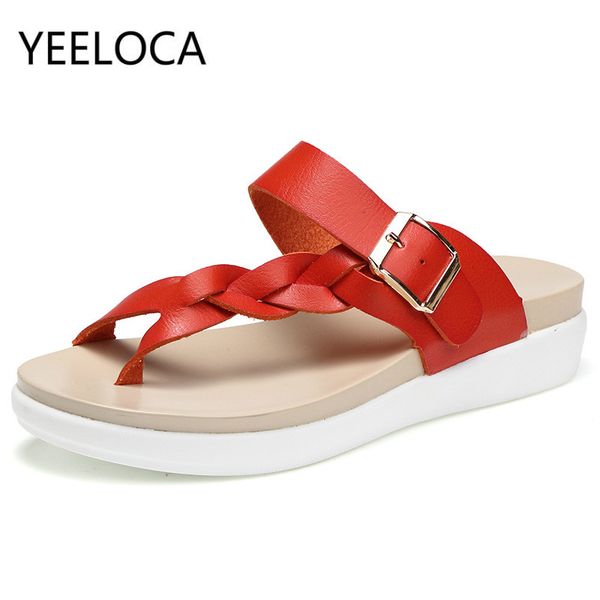 

yeeloca summer womens genuine leather sandals beach flat sandals ladies wedges slippers casual low heels flip plops gril shoes, Black