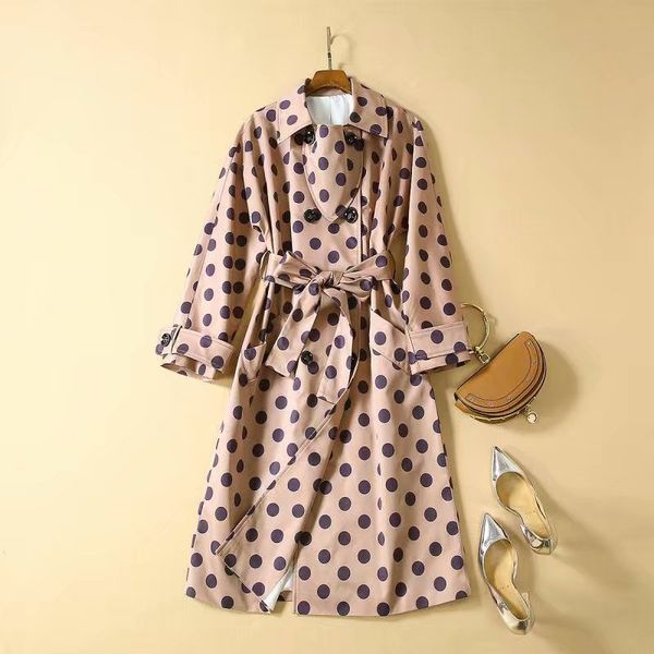 

2019 fall winter runway designer trench women's double breasted dot print trench coat, Tan;black