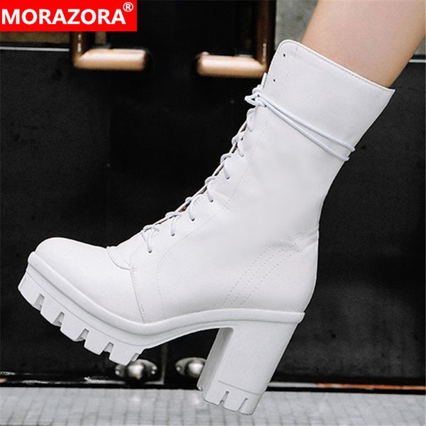 

morazora 2020 ankle boots women round toe high heels platform boots lace up autumn winter punk shoes woman short, Black