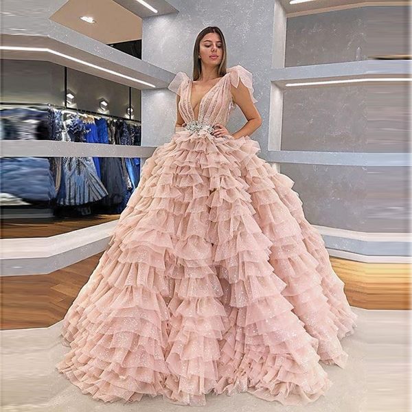 

gorgeous deep v neck prom dresses capped tiered skirts girls pageant dress with sash beads crystals vestido de festa celebrity evening dress, Black