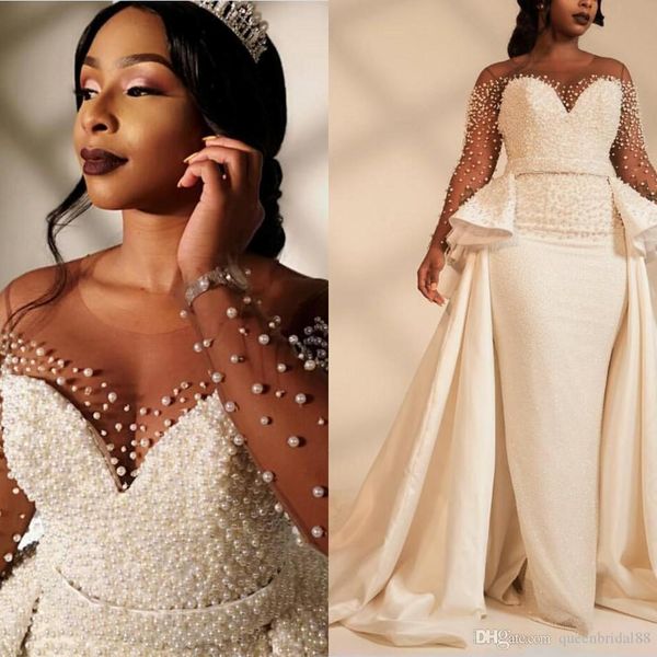 

2019 african plus size wedding dresses with overskirts sheer neck long sleeves bridal gowns south african trumpet wedding dress, White