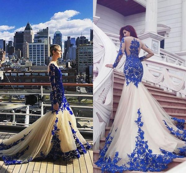 

2019 roayl blue lace mermaid prom evening dress appliqued long slevee formal party gown custom made pageant gown, Black