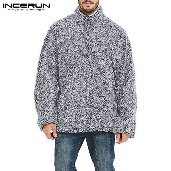 

incerun new fashion men fleece hoodie long sleeve casual furry street zipper stand collar pullovers warm sweatshirts 2019 s-5xl, Black