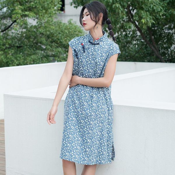 

ethnic clothing chinese style vintage stand collar buckle short sleeve qipao dress fashion floral print improved casual mid length cheongsam, Red