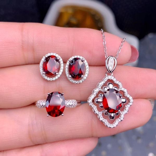 

bow tie garnet gemstone ring earrings necklace jewelry set with silver natural gem red color birthday party girl present gift, Black