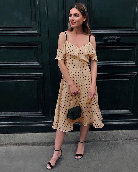 

new women's off shoulder polka dot sling long dress, Black;gray