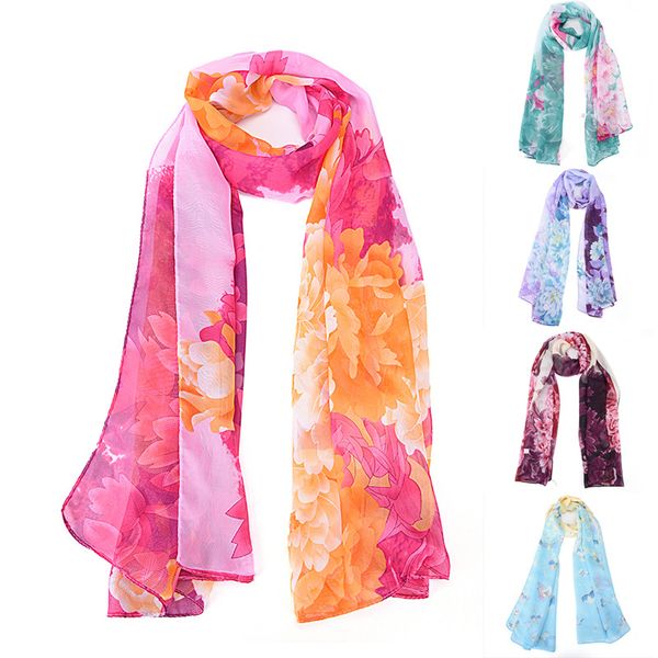 

woman neck georgette new peony pattern long stole scarves girl shawl fashion flower scarf 160x50cm, Blue;gray