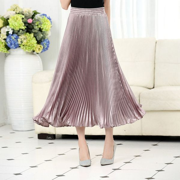 

metallic luster polyester pleated skirt foreign trade original single long skirt spinning smooth silk, Black