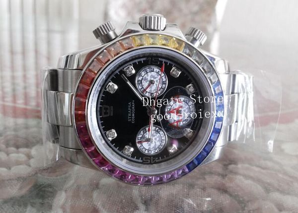 

luxury mens colorful diamond bezel chronograph vk os quartz japan watch men's cosmograph crystal watches men sport perpetual wristwatch, Slivery;brown