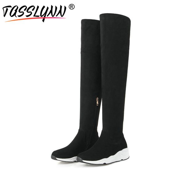 

tasslynn 2019 women boots korean style faux suede slim boots over the knee high zipper stretch fabric women shoes 34-39, Black