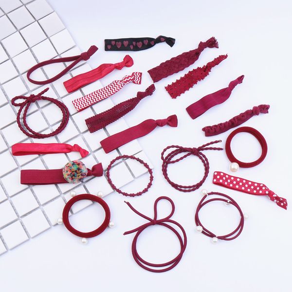 

20pcs/pack bowknot lace pearl print pattern hair band elastic women hair bands girls accessories female red purple gum