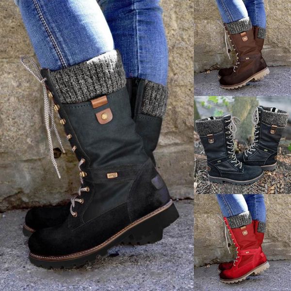 

2019 new flock fur ladies women fashion casual round toe rome retro mid-calf boots lace up low heels shoes botas mujer#112935, Black