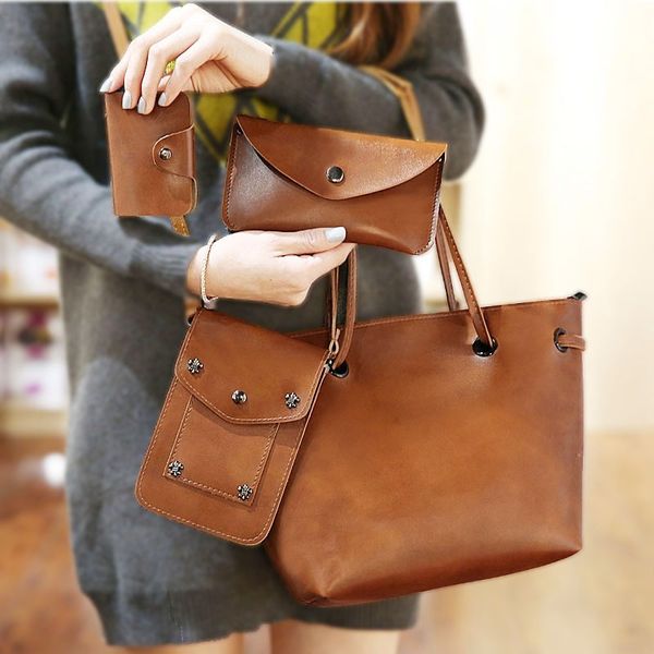 

2020 fashion combination new oil leather simple retro hand-held shoulder messenger mother and daughter bag four-piece set