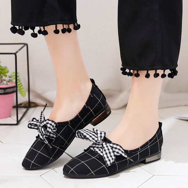 

2019 plaid women's bow low cut single shoes shallow casual fashion mouth pointed flat shoes womens single flat simple, Black