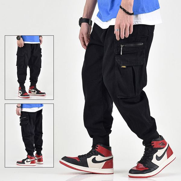 

men's jeans fashion streetwear men black color loose fit big pocket cargo pants japanese style hip hop joggers, Blue