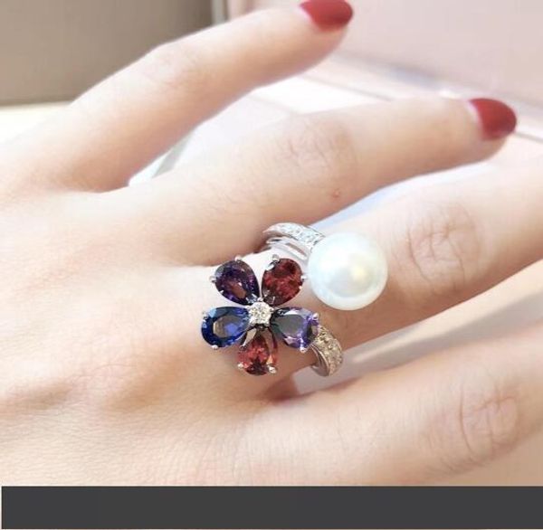 

роскошные свадебные кольца ювелирные изделия женщин цветок жемчуг кольцо кольцо s925 стерлингового серебра кольца с бриллиантами дизайнер юв, Silver