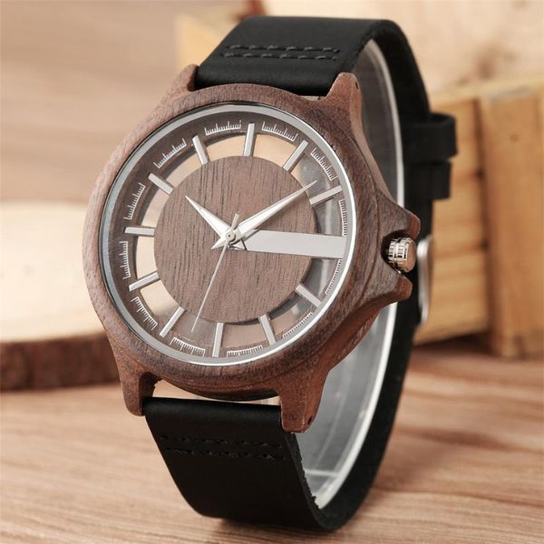 

transparent hollow dial coffee/brown/black wood watches quartz timepiece genuine leather watchband creative men's watch new 2020, Slivery;brown