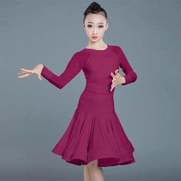 

stage wear latin dance dress kids long sleeve practice clothing girls tango salsa rumba cha samba dancing performance dn5220, Black;red