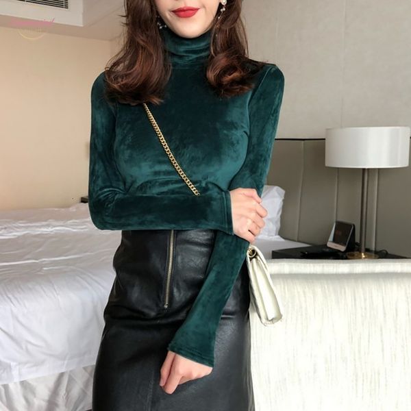 

women turtleneck t shirt velvet warm long sleeve bottoming female casual solid color fashion tshirt autumn, White