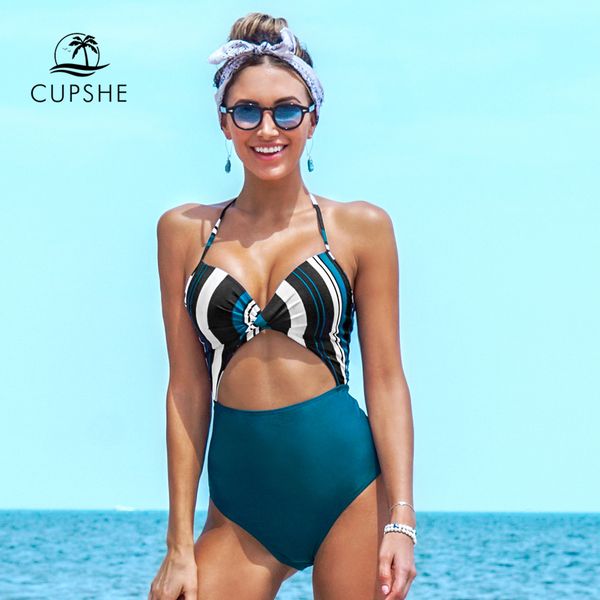 

cupshe синей нашивка twist холтер цельный купальник sexy cut out открыть назад женщина монокини 2020 девочки пляж купального костюма купальн, White;black