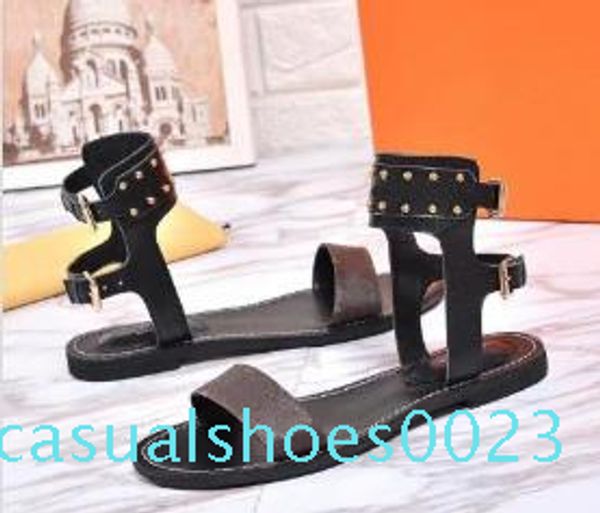 

2019 new branded women print letter leather nomad sandal buckle strap elegant girl open toe studs casual sandals c23, Black