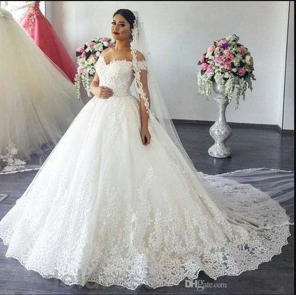

2019 elegant lace a line wedding dresses off the shoulder tulle applique court train arabic bridal wedding gowns robe de mariÃ©e, White