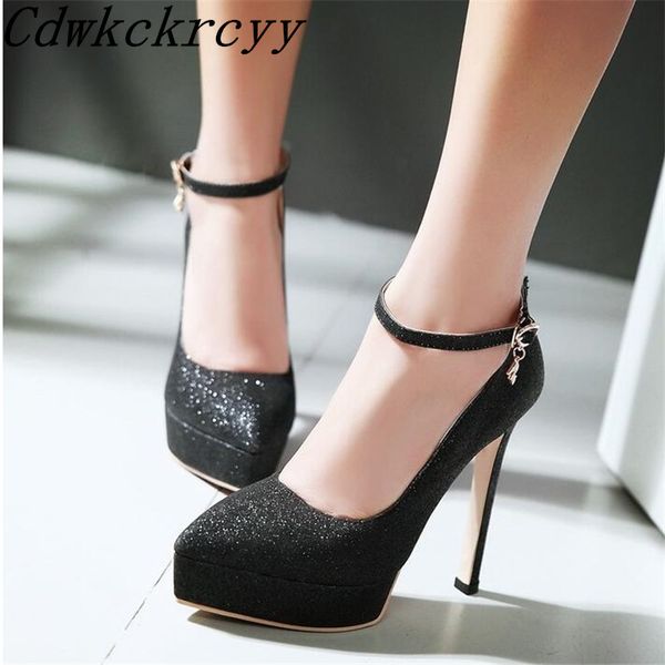 

spring new pattern fashion cusp temperament simplicity sequins black high-heeled waterproof banquet marry women shoes 34-43, Black;white
