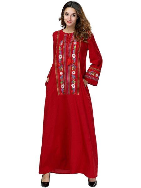 

women abaya dubai flowers embroidery maxi muslim dress kaftan turkish bangladesh arab islamic clothing ladies plus size robe 4xl, Red