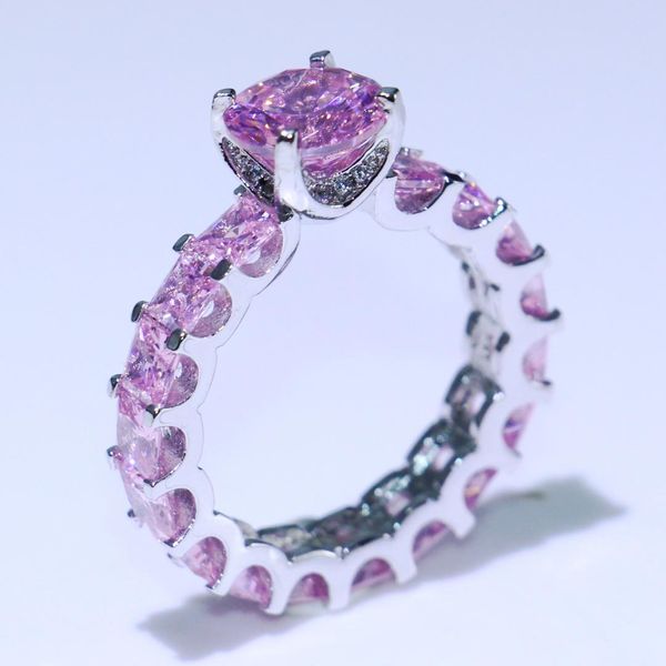 

drop shipping luxury jewelry 925 sterling silver princess cut pink 5a cubic zirconia stackable ring promise women wedding ring, Slivery;golden