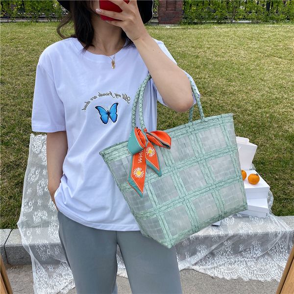 

women's shoulder bag fashion korean retro stitching vegetable basket bag woven elegant silk scarf handbag picnic tote bags