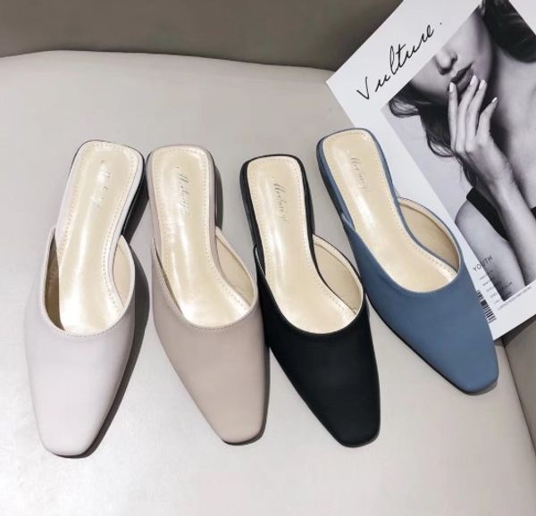 

square toe female shoes ladies' slippers string bead luxury slides pu 2020 cover designer flat soft bonded leather microfiber, Black