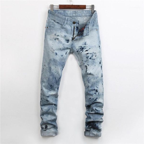 

jeans mid waist zipper fly mens jeans snowflake nailing men's jeans male apparel straight long mens, Blue