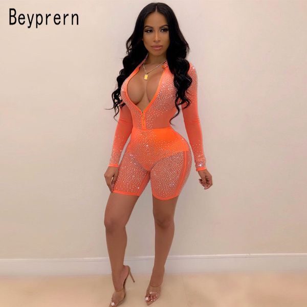 

beyprern блеск красивый кристалл шипованных ромпер эластичный с длинным рукавом mesh короткие комбинезон night out блестки оптовая легкий ко, Black;white