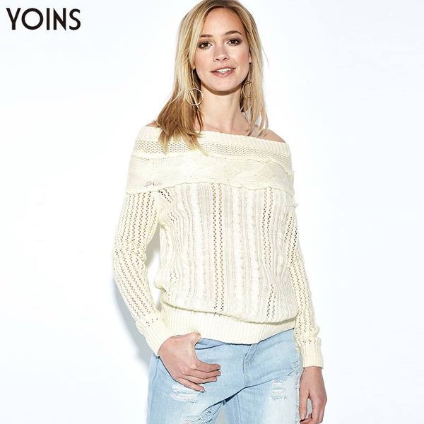 

yoins 2019 spring autumn winter sweater women off-shoulder hollow long sleeves jumper knitting sweater solid long pullover femme, White;black