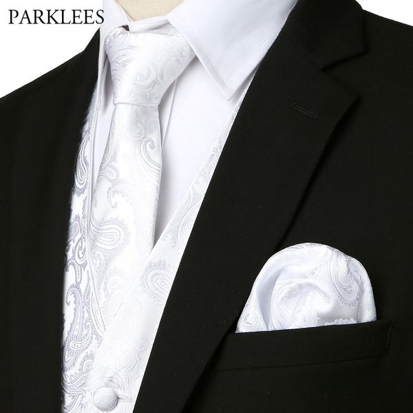

mens elegant wedding 3pcs paisley vest set 2019 brand new slim fit party dinner male dress vests (necktie+pocket+square) white, Black;white