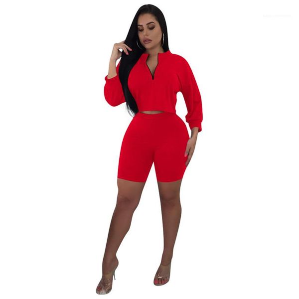 

color zipper neck crop two piece pants womens two piece shorts set women two piece outfits fashion solid, White