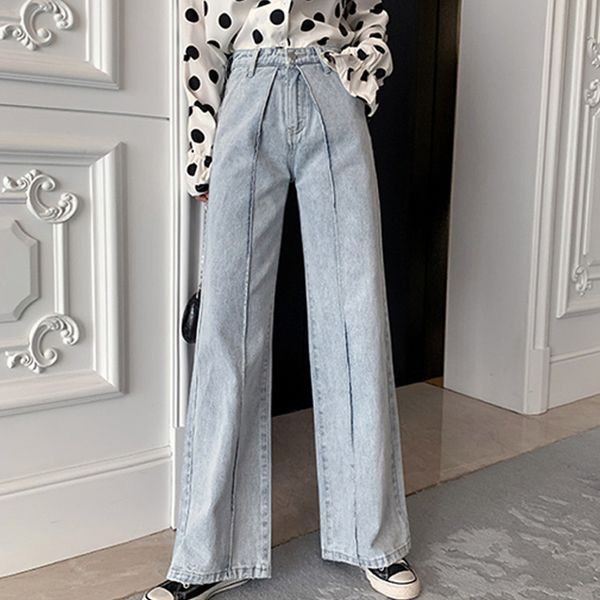

high waist stitching washed blue jeans female autumn straight loose leg jeans thin wide female denim long
