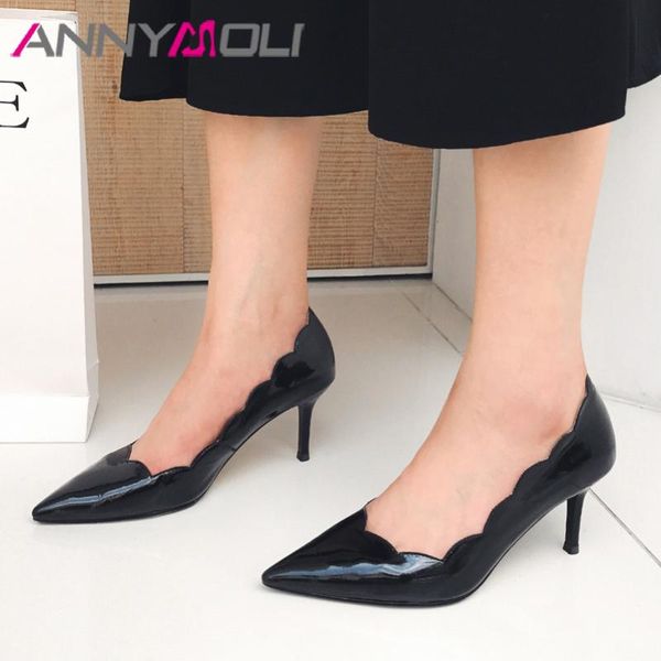 

annymoli high heels women pumps natural genuine leather thin high heel shoes cow patent leather pointed toe office lady shoes 39, Black