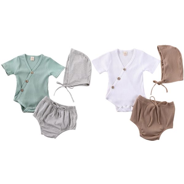 

toddler infant newborn baby girl clothes set summer short sleeve bodysuit jumpsuit striped shorts hat outfits clothing 3pcs, White