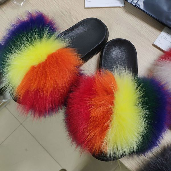 

new women fur slippers fluffy fox fur slides designer flat furry fur flip flops house shoes lady plush winter slippers wholesale, Black