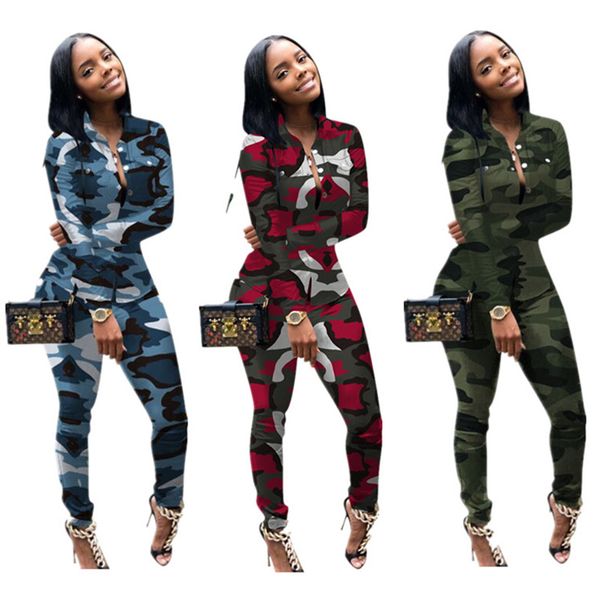 

camouflage camo women tracksuit spring button t shirt blouse + pants leggings 2 piece set long sleeve shirts outfits fashion sports suit 3xl, White